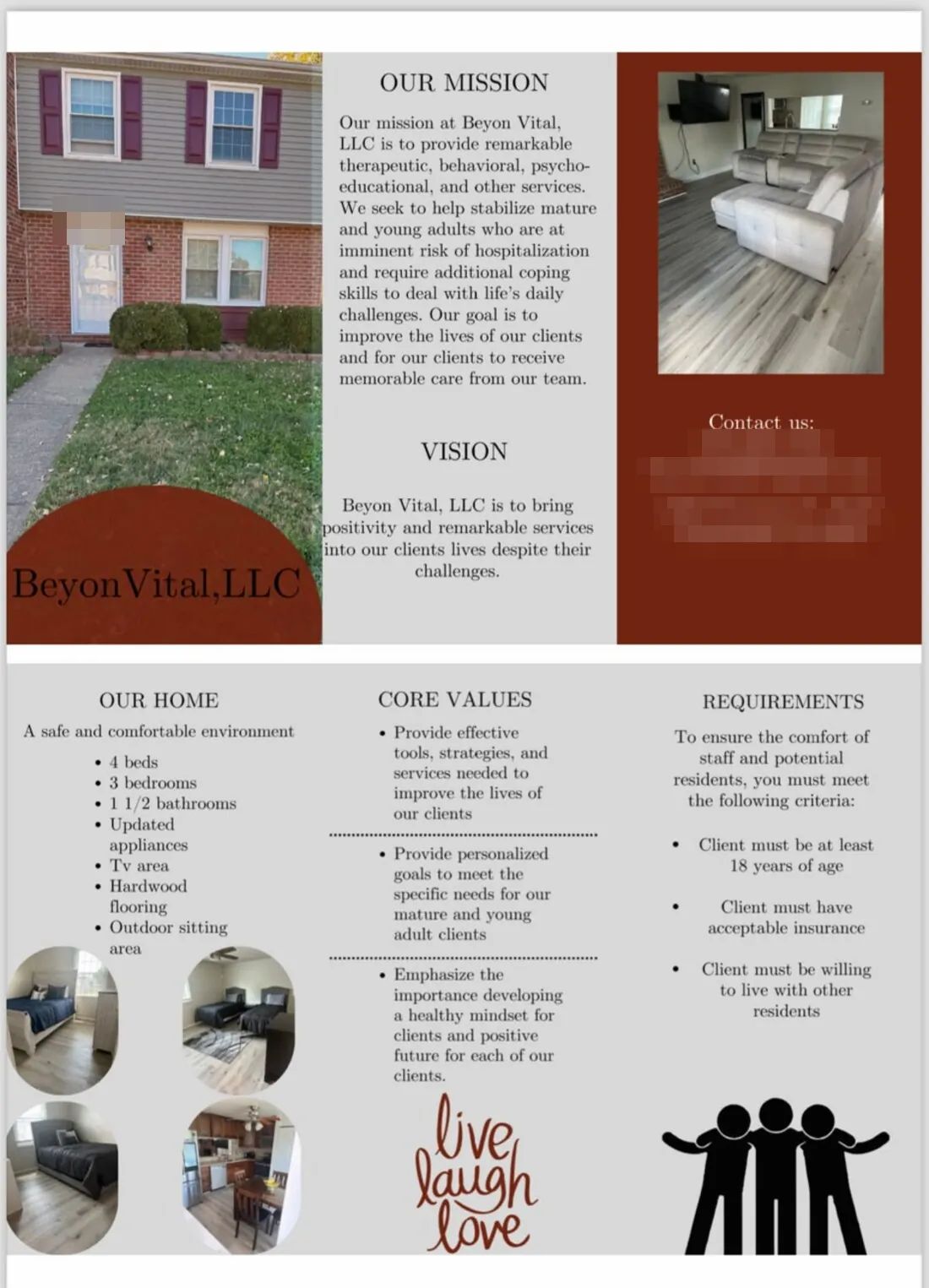 Beyon Vital&rsquo;s own tri-fold flyer, made by the client: a photo of the house, Our Mission, Vision, Our Home, Core Values and Requirements, with the contact lines and house number blurred.
