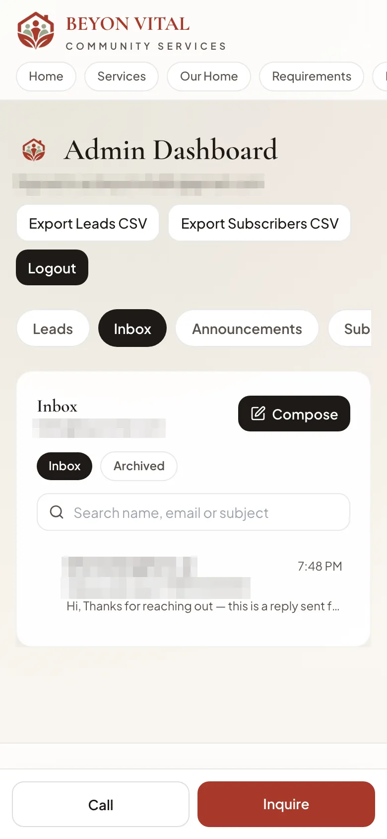 The Beyon Vital admin page on a phone: download buttons for leads and subscribers, tabs for Leads, Inbox and Announcements, and the inbox; the signed-in address is blurred.
