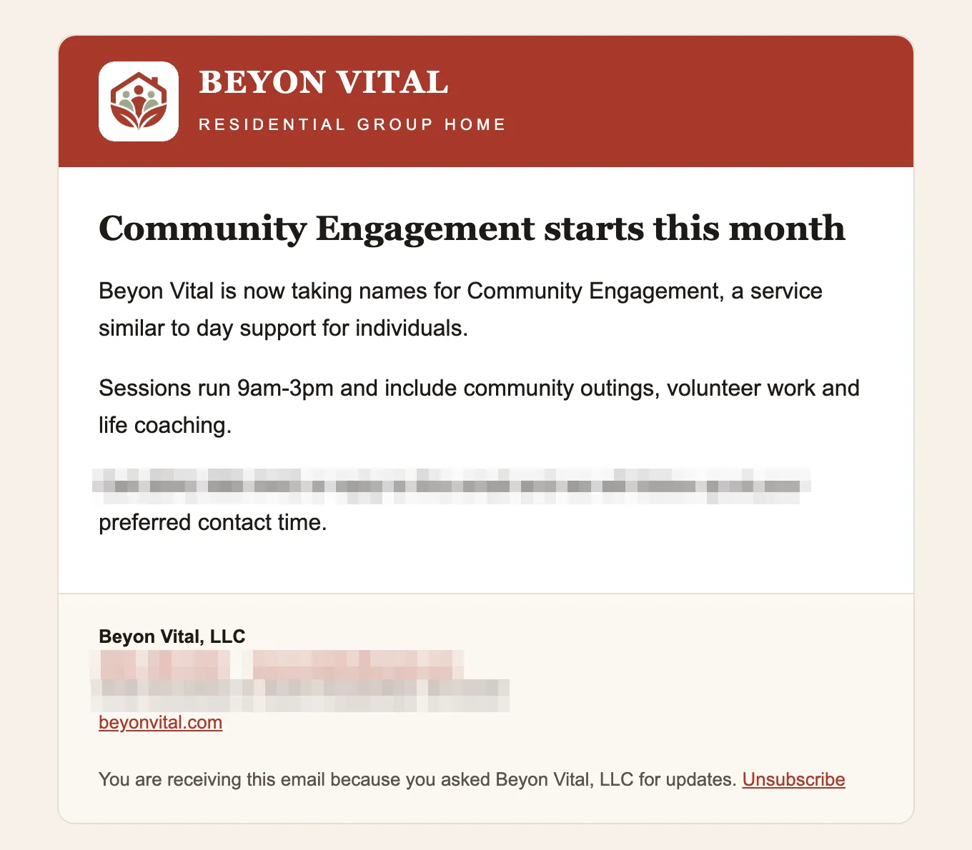 A Beyon Vital announcement email: Community Engagement starts this month, sessions 9am to 3pm with community outings, volunteer work and life coaching; the contact lines are blurred.