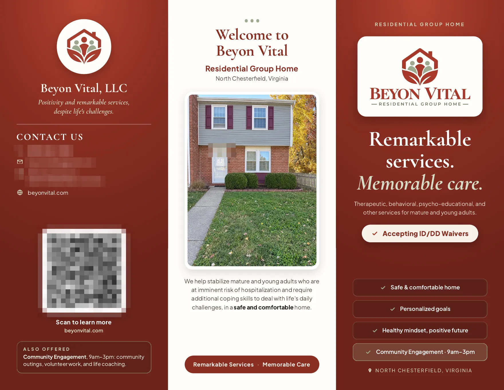 The new Beyon Vital tri-fold flyer: the logo, a photograph of the house, Remarkable services, Memorable care, and a QR code panel; contact details, the house number and the QR code are blurred.
