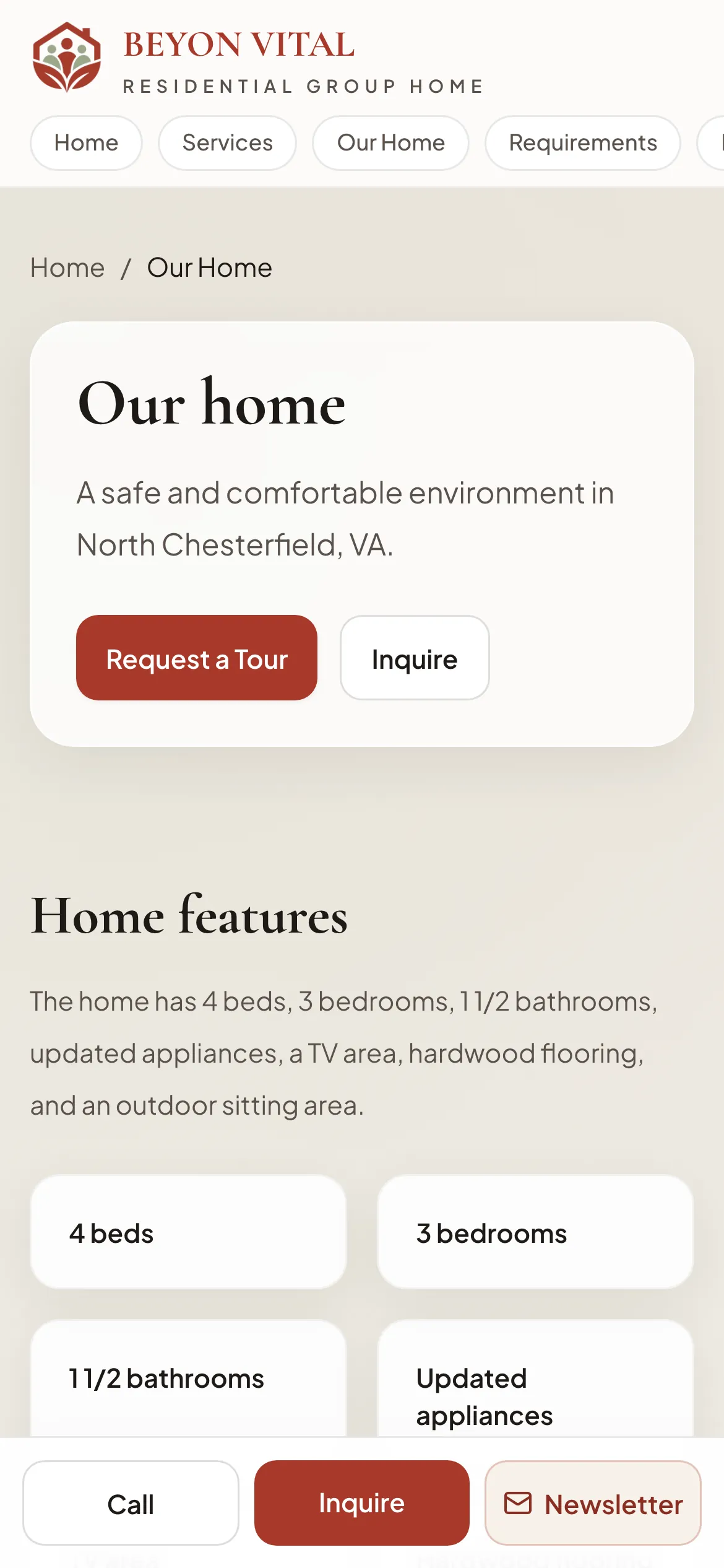 Beyon Vital’s Our Home page on a phone: Our home, a safe and comfortable environment in North Chesterfield, Request a Tour and Inquire buttons, and the home’s features.
