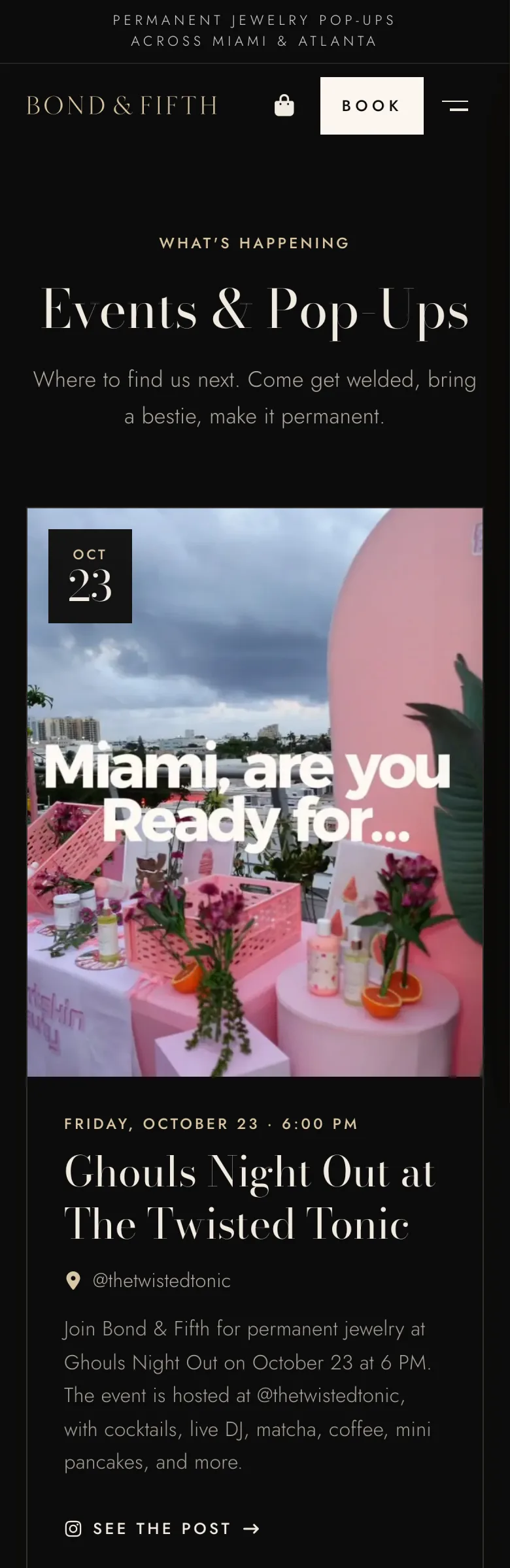 The Events and Pop-Ups page on a phone: an event card for October 23 with the poster from Instagram, the time, the place, See the post and Add to calendar.