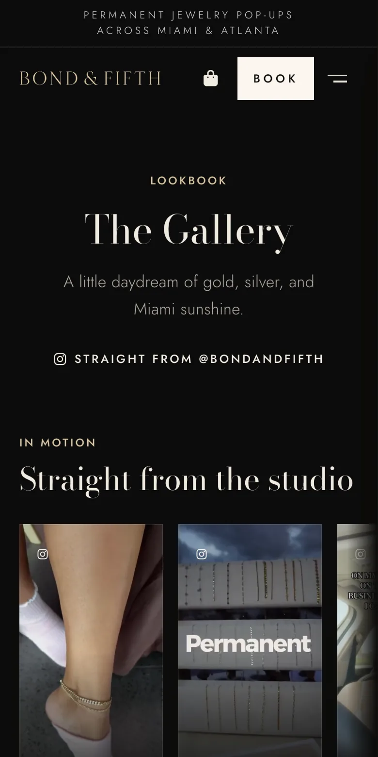 The Gallery page on a phone: Straight from @bondandfifth, and a row of videos from the store’s Instagram.