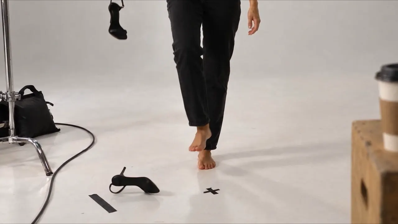 Bare feet on the studio floor, the heel kicked off beside a tape mark