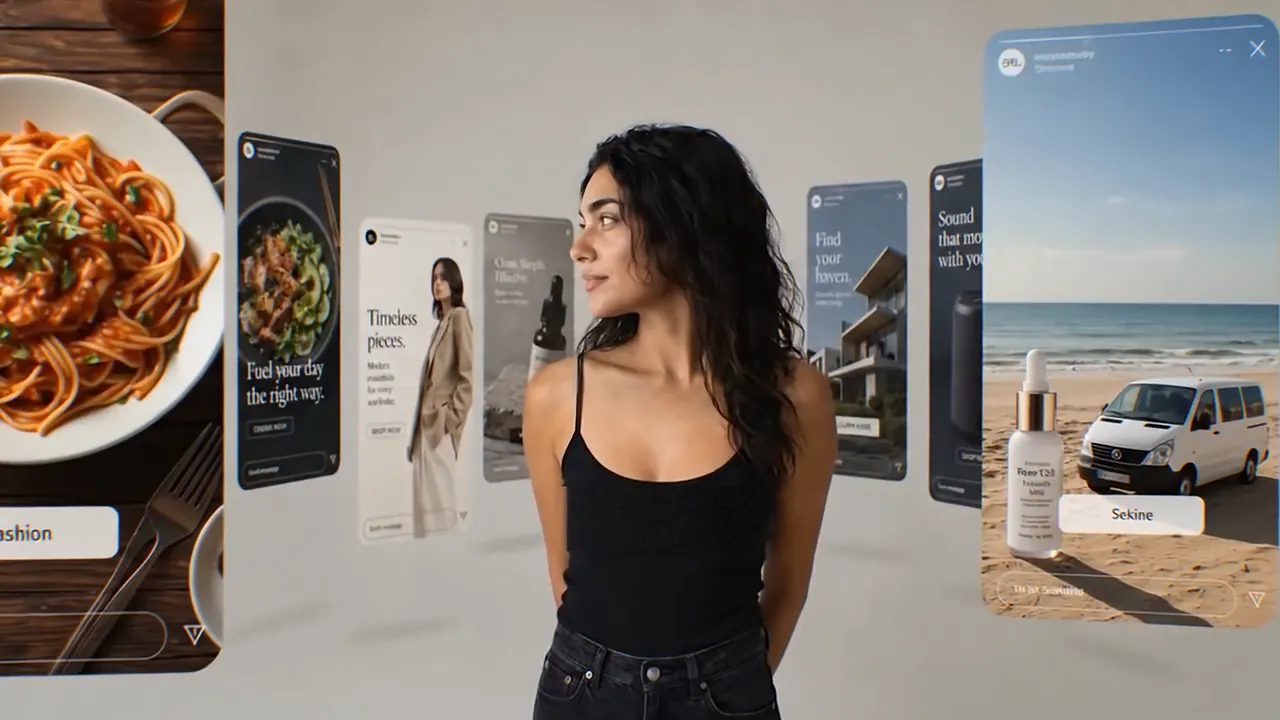 Vertical ad cards floating around Lucia in the white studio