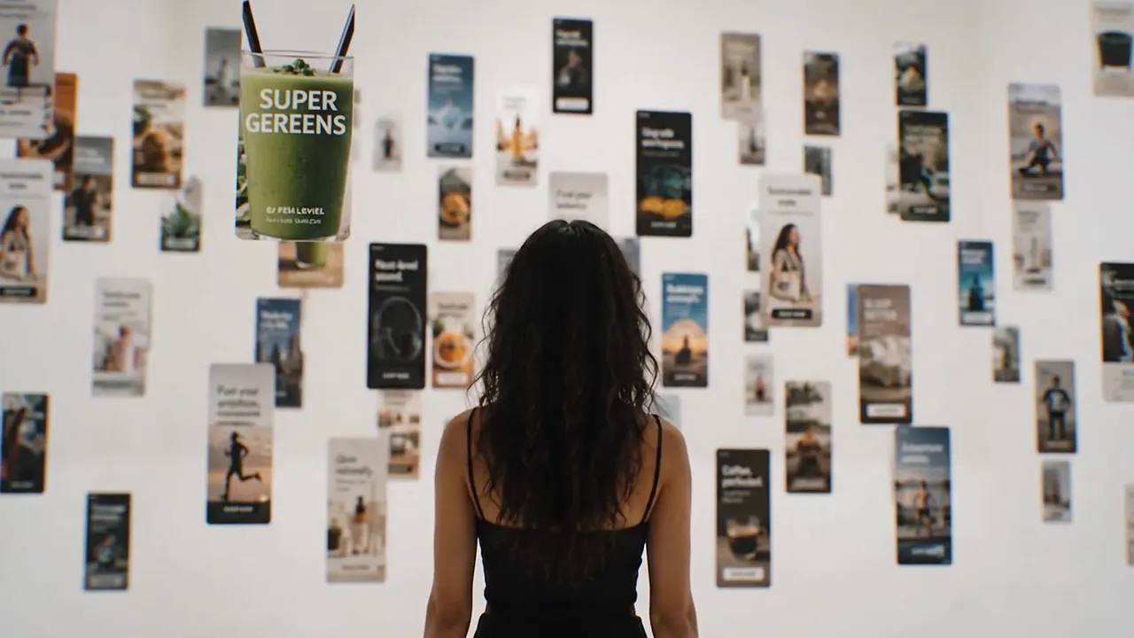 Lucia from behind, facing a wall of dozens of small ads