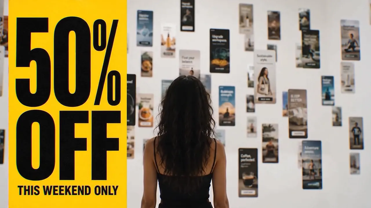 A yellow 50% OFF ad lands on the wall