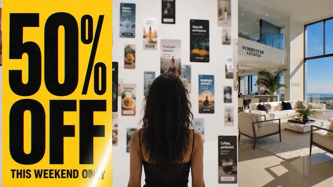 A bright interior real-estate ad joins the wall