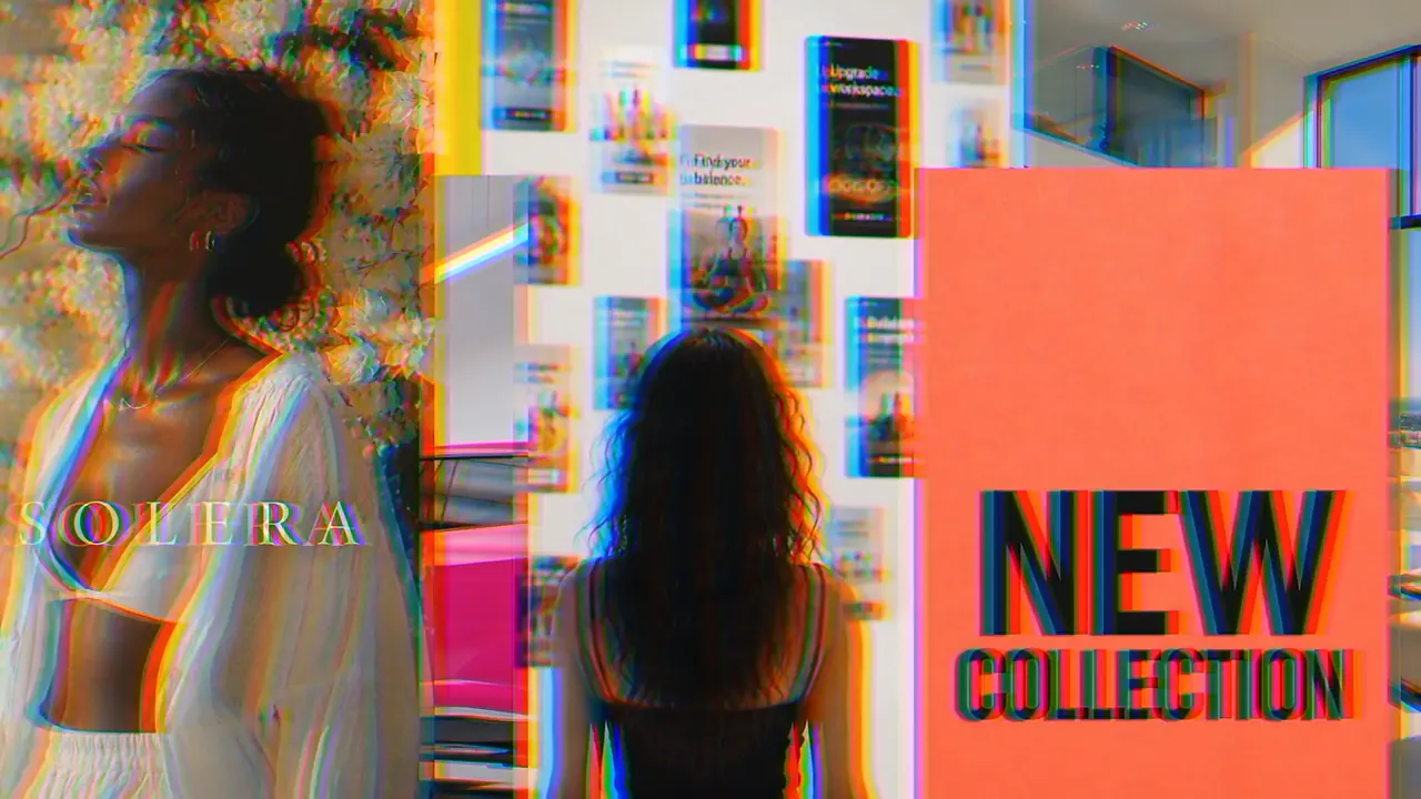 A fashion ad and a coral NEW COLLECTION card join the wall