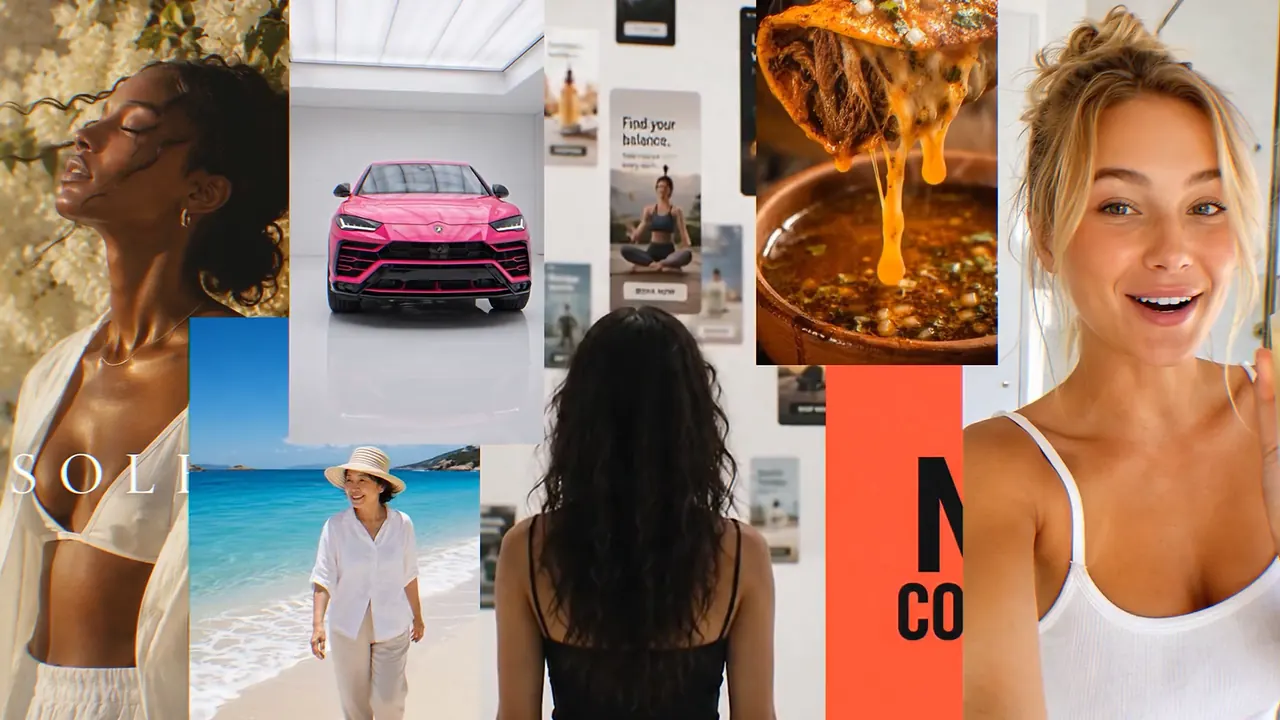 The wall crowds with ads: travel, the car, a molten cheese pull