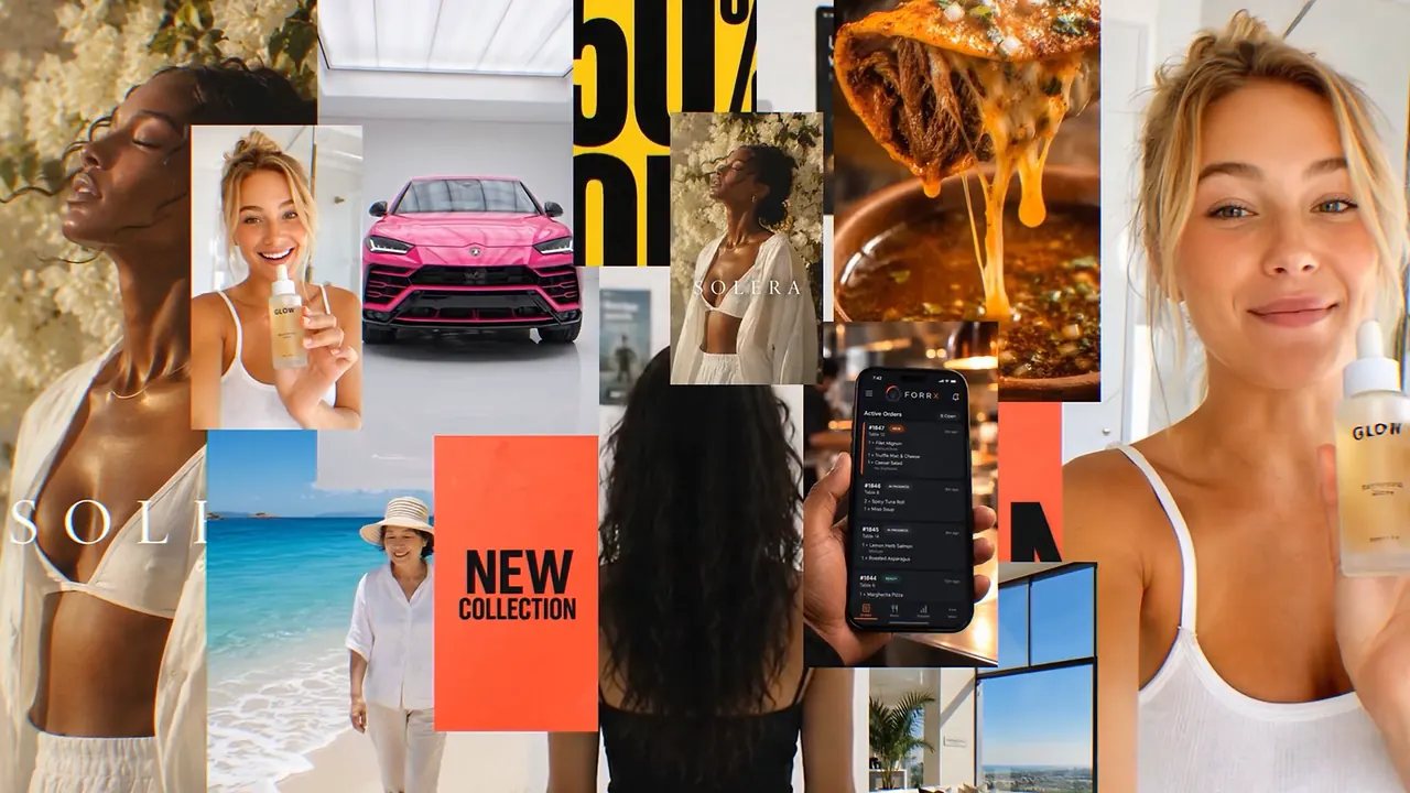 The densest frame: ads overlap on every side of Lucia