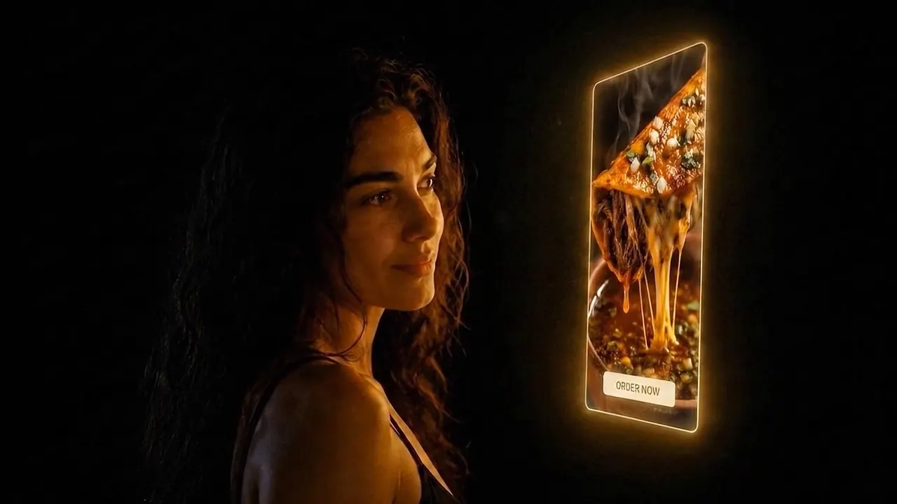Lucia in the dark beside one glowing gold ad panel