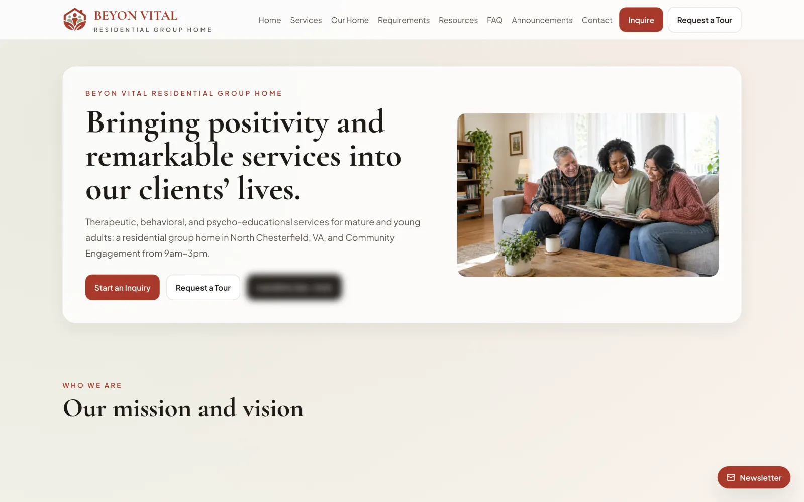 Beyon Vital, its home page on a desktop: its opening line on positive, remarkable services, with Start an Inquiry and Request a Tour.