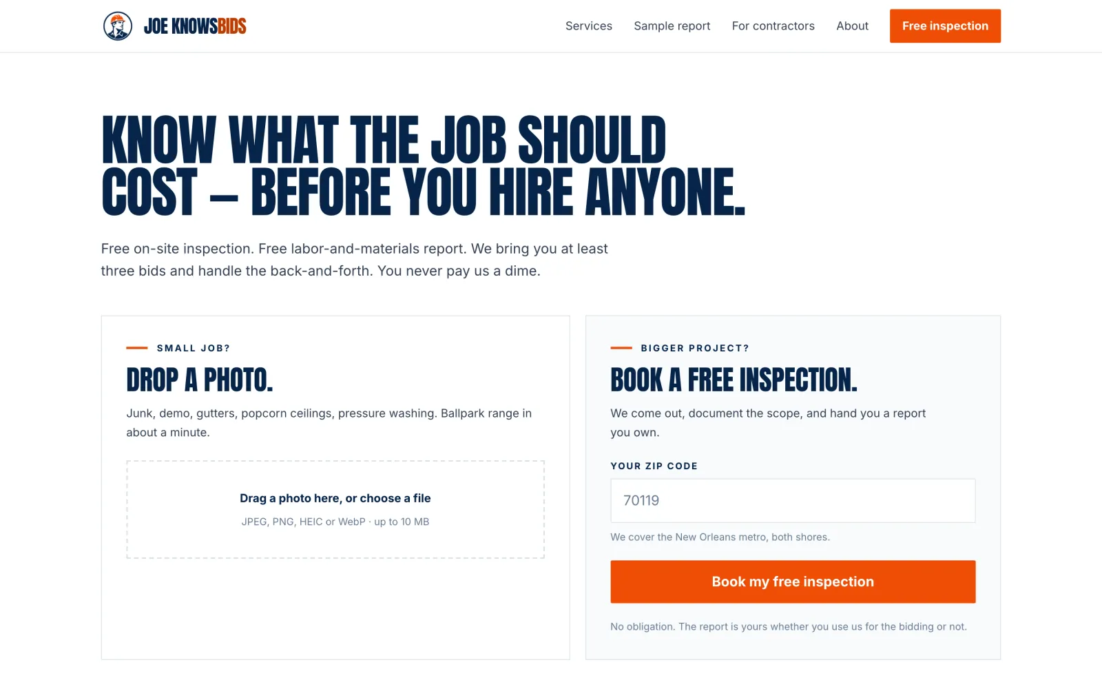 Home-repair bid service, the demo on a desktop: Know what the job should cost before you hire anyone, over a photo upload and an inspection form.