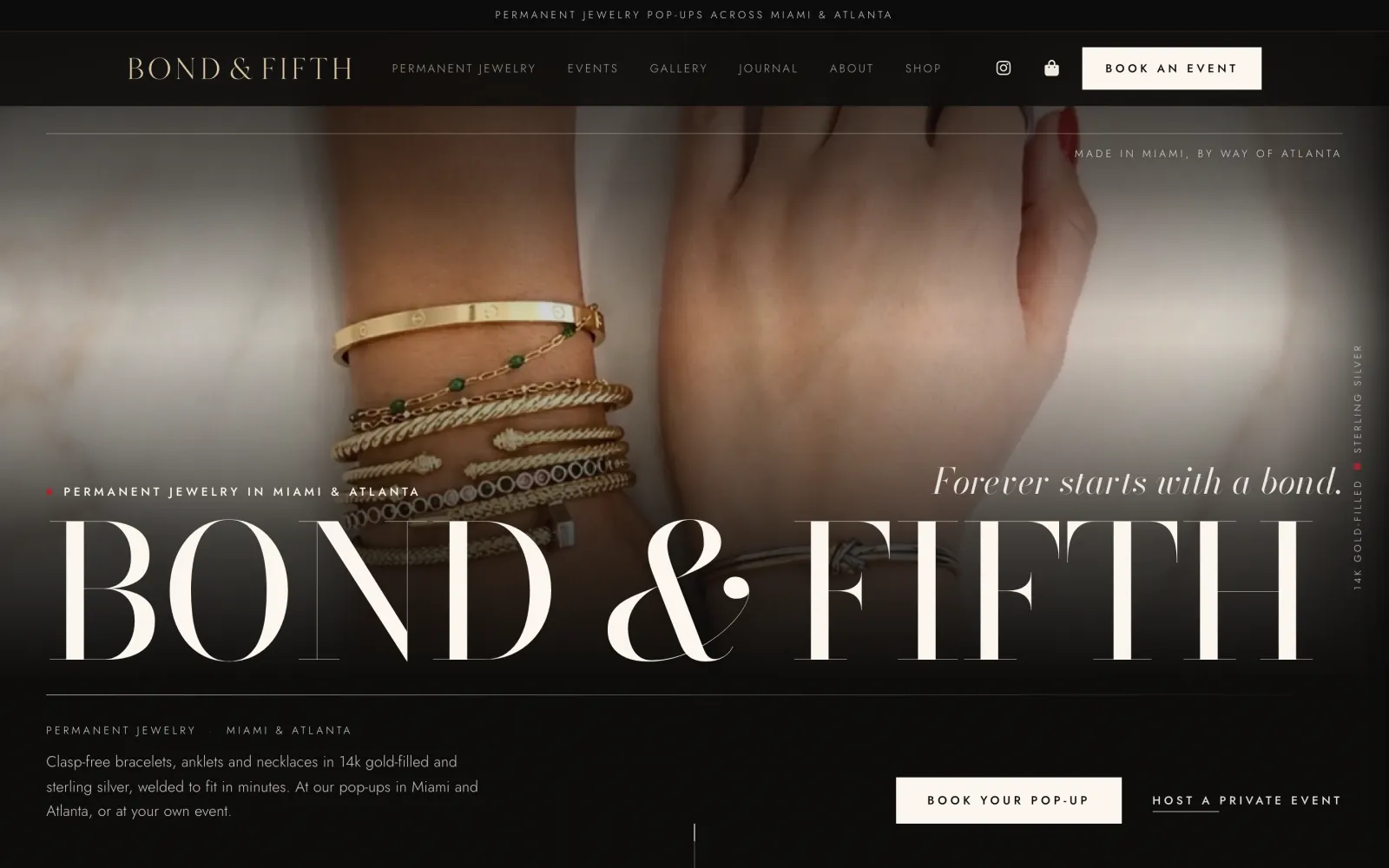 Bond & Fifth’s home page on a desktop: BOND & FIFTH in tall serif type over gold bracelets stacked on a wrist, with Book your pop-up and Host a private event.