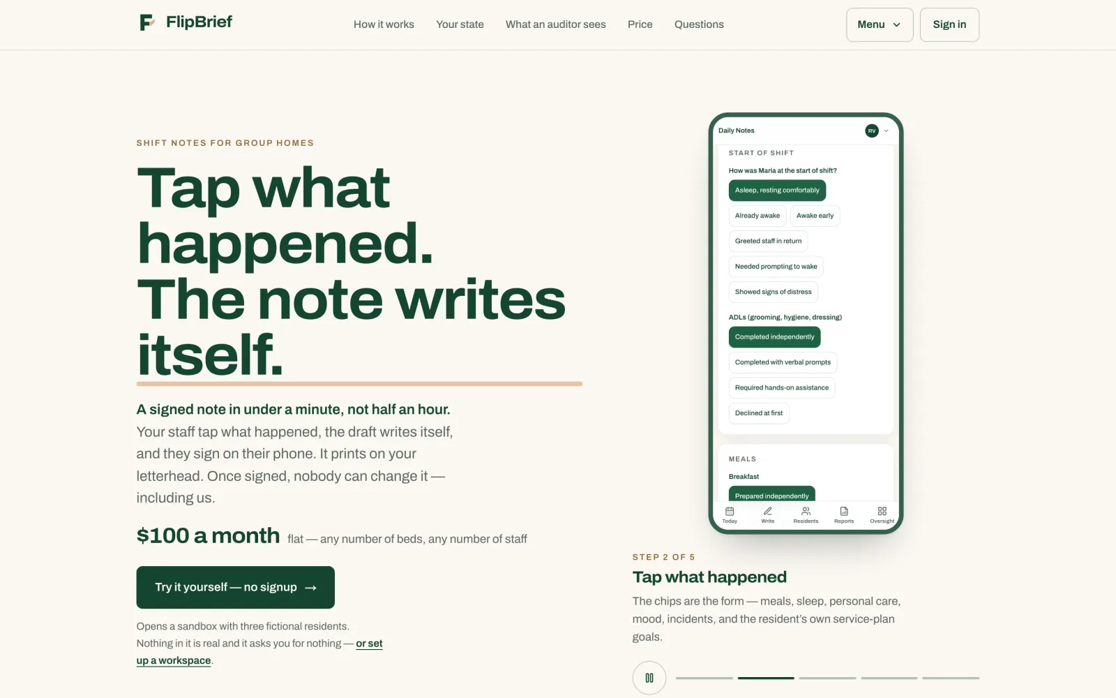 FlipBrief, its home page on a desktop: Tap what happened. The note writes itself..