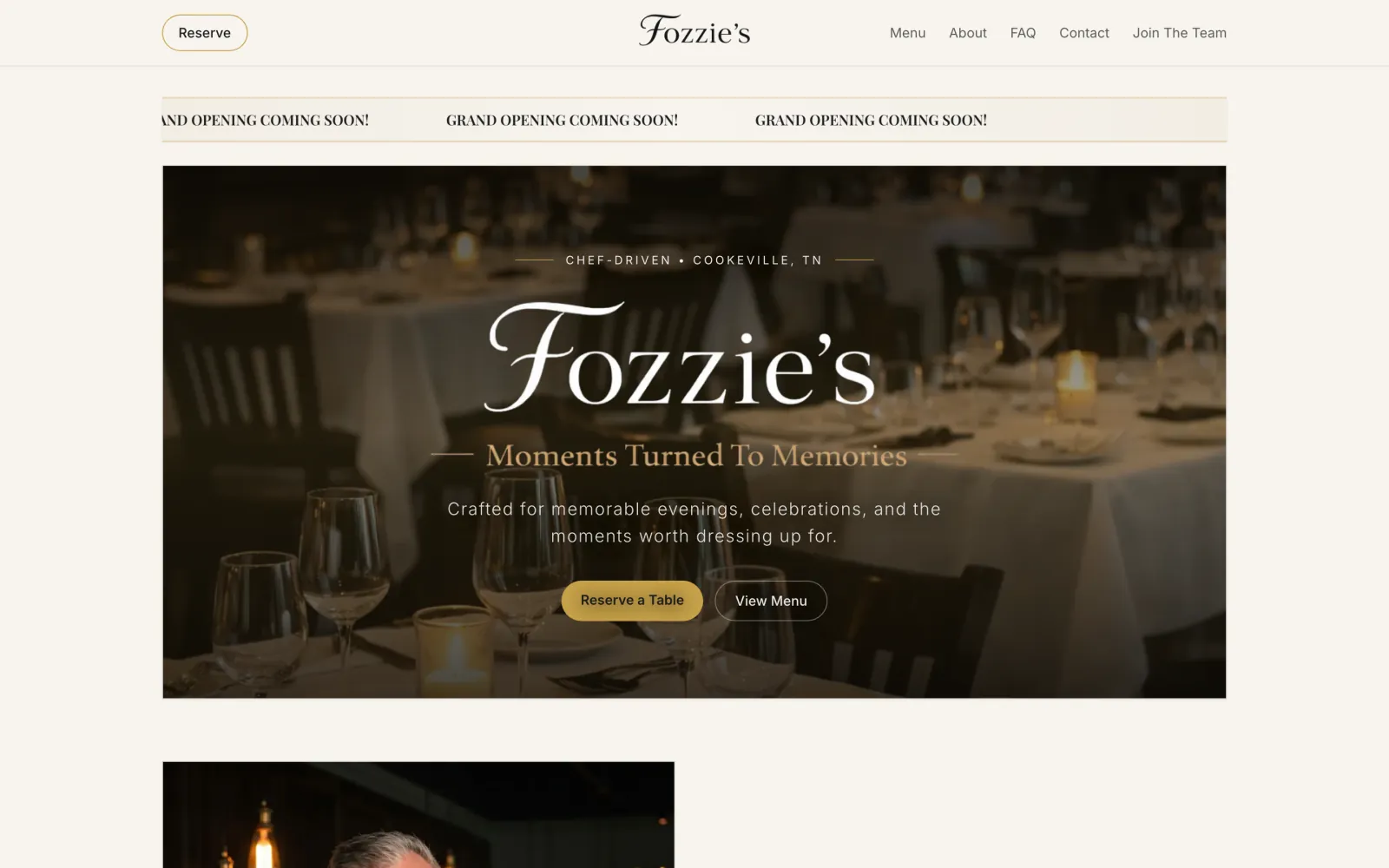 Fozzie’s Dining, its home page on a desktop: the name over a candlelit dining room, with Reserve a Table and View Menu.