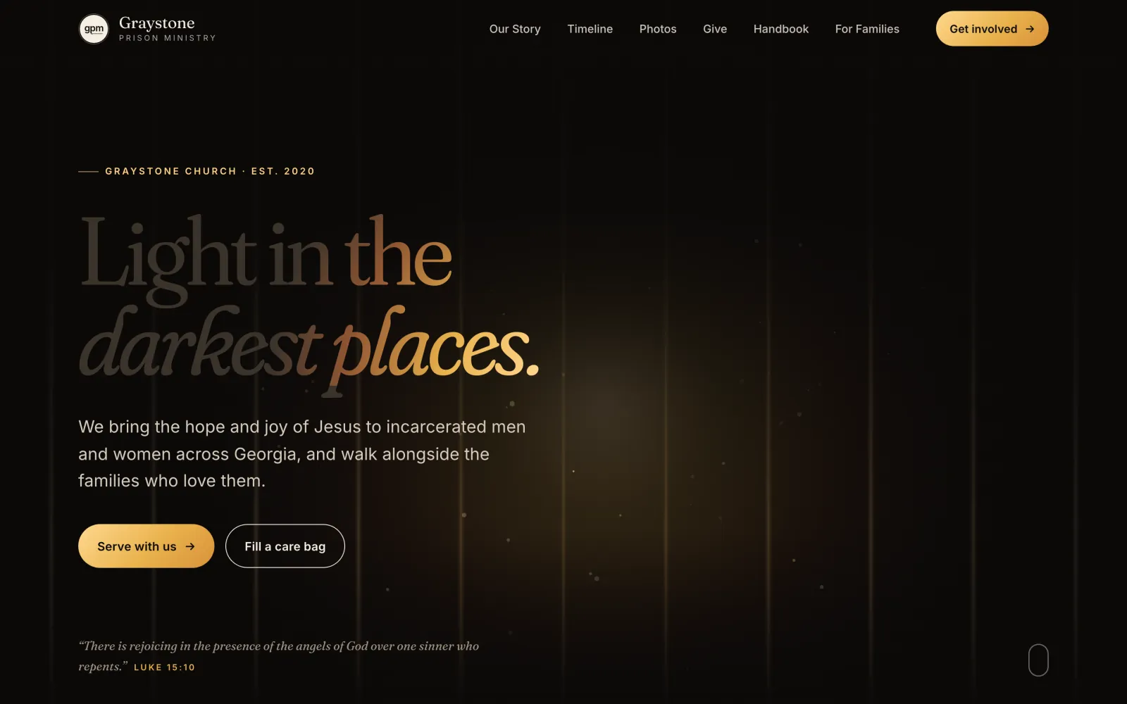 Graystone Prison Ministry, its home page on a desktop: Light in the darkest places, in gold on black, with Serve with us and Fill a care bag.