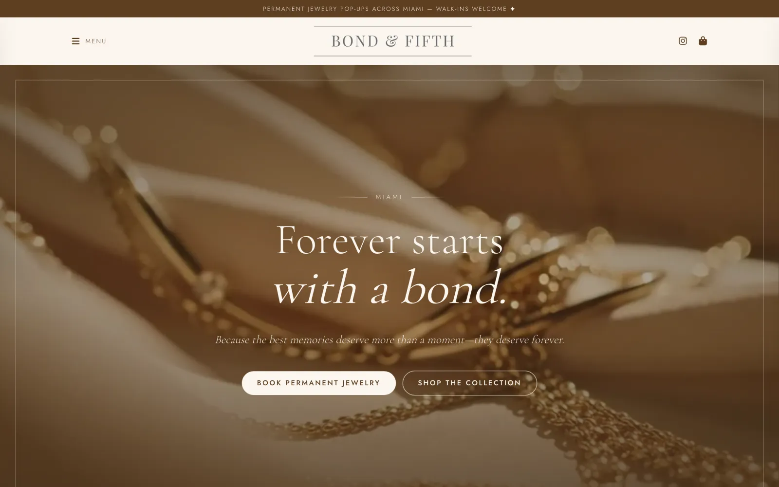 Jewelry store, the demo on a desktop: Forever starts with a bond, in serif type over a close-up of fine gold chain, with Book Permanent Jewelry.