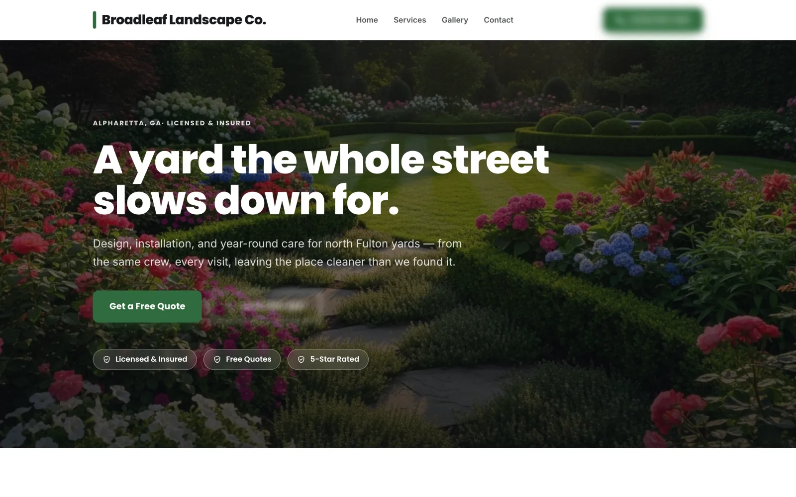 Landscaping company, the demo on a desktop: a flowering garden path under A yard the whole street slows down for.