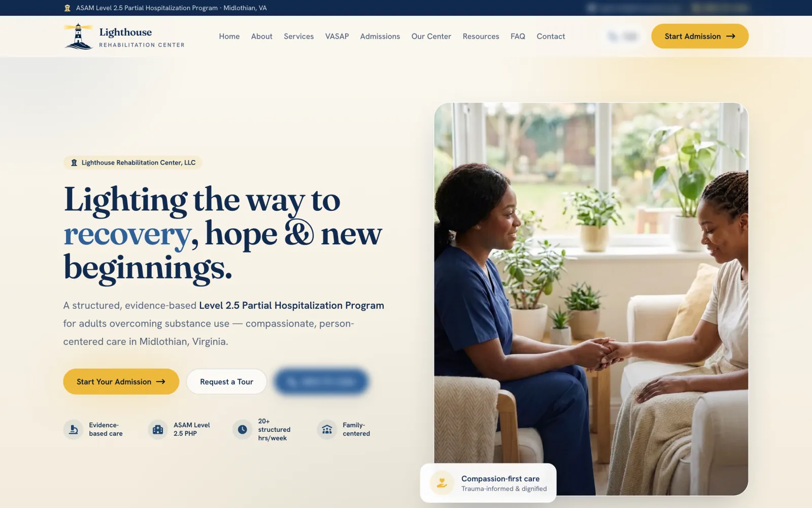 Lighthouse Rehabilitation Center, its home page on a desktop: Lighting the way to recovery, hope and new beginnings, with Start Your Admission.