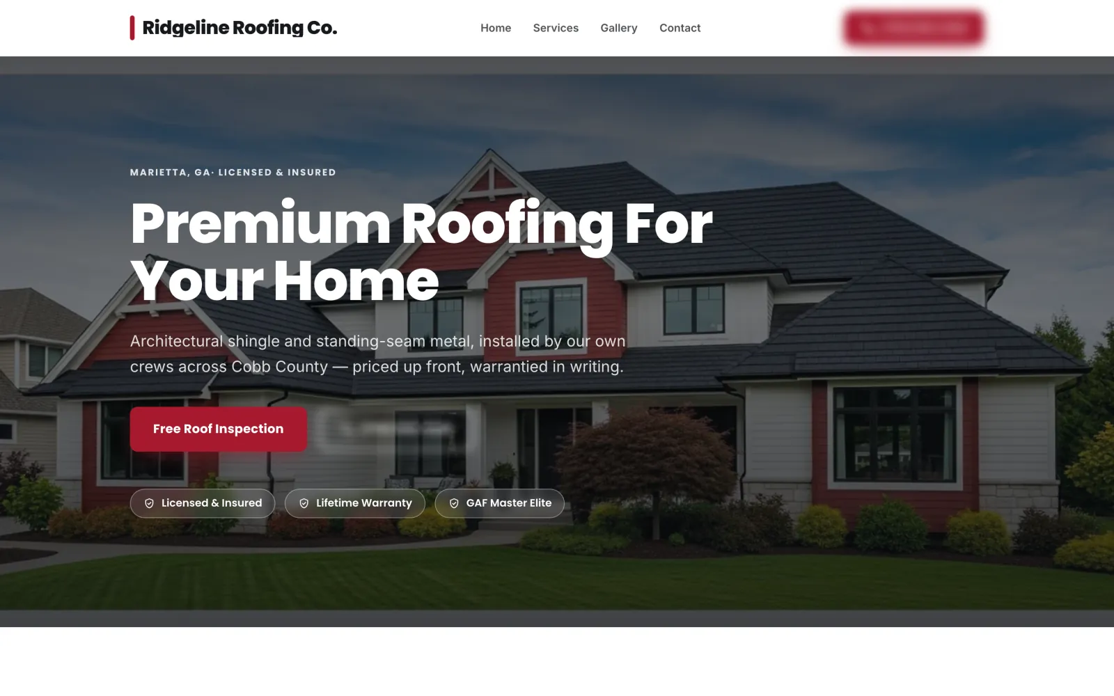 Roofing company, the demo on a desktop: a new roof on a large house under Premium Roofing For Your Home.