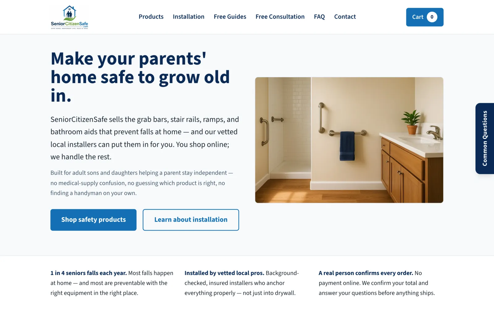 Home safety store, the demo on a desktop: Make your parents’ home safe to grow old in, beside a bathroom fitted with grab bars.