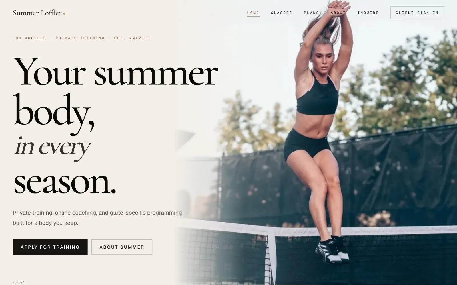 Personal trainer, the demo on a desktop: a trainer mid-jump on a court beside the words Your summer body, in every season.