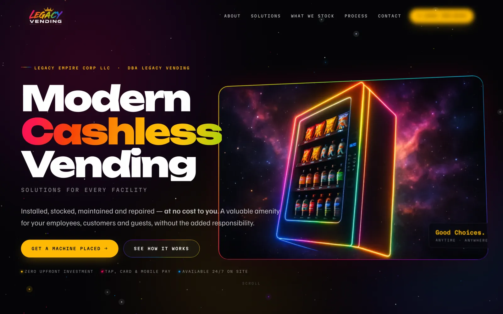 Vending company, the demo on a desktop: Modern Cashless Vending in neon type beside a glowing vending machine in space.