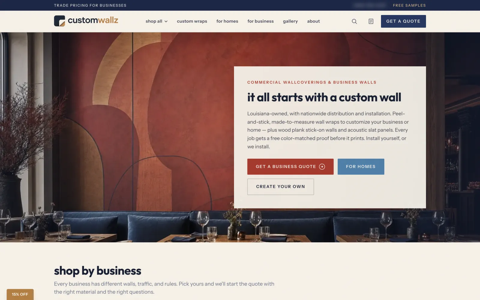 Custom wall wraps, the demo on a desktop: a restaurant wall wrapped in a terracotta pattern, with It all starts with a custom wall.